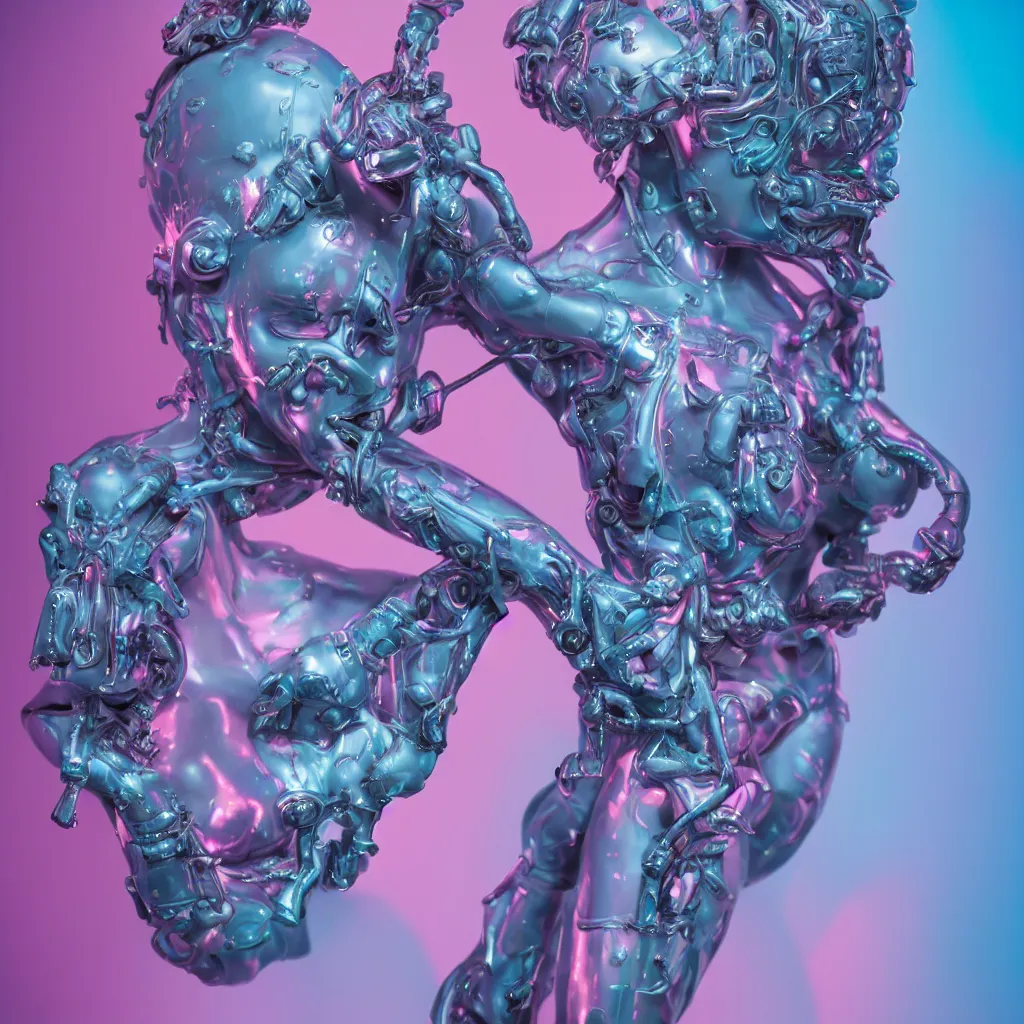 Prompt: hyperrealistic detailed rococo cyborg woman with pearlescent blue skin key sage wayne barlowe very soft pink neon lighting on one side wide angle 35mm shallow depth of field 8k