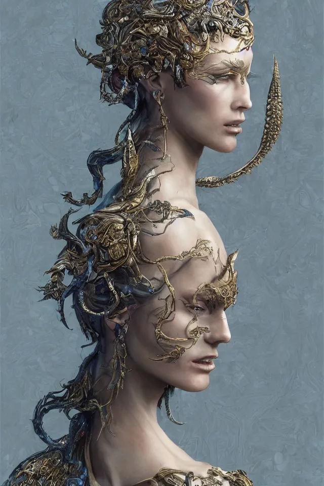 Image similar to a sculpture made of opal, portrait, female, future, shaman, harper's bazaar, vogue, magazine, insanely detailed and intricate, concept art, close-up, ornate, luxury, elite, elegant, trending on artstation, by Ruan Jia, Kenneth Willardt, Ross Tran, WLOP, Andrei Riabovitchev.