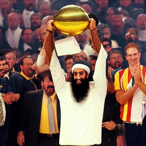 Image similar to photo of osama bin laden lifting larry o'brien trophy