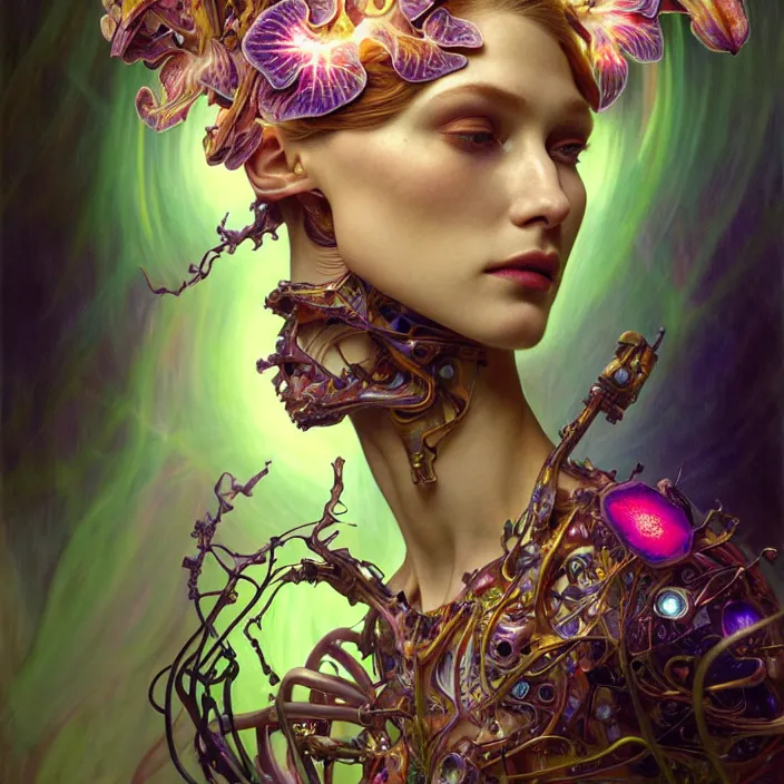 Image similar to malfunctioning psychedelic organic cyborg orchid, diffuse lighting, fantasy, intricate, elegant, highly detailed, lifelike, photorealistic, digital painting, artstation, illustration, concept art, smooth, sharp focus, art by John Collier and Albert Aublet and Krenz Cushart and Artem Demura and Alphonse Mucha