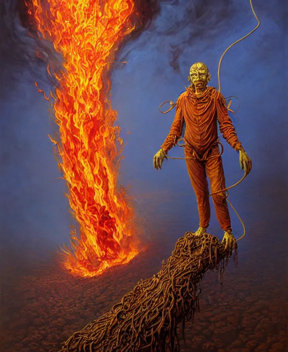 Prompt: a burning suffering man hovering above the ground, completely consisting of fire, no facial, body, limbs features can be seen. fullbody highly detailed portrait, concept art, masterpiece, cinematic, flames, fantasy art, hyperdetailed, hyperrealism, art by tim hildebrandt, donato giancola, larry elmore, zdzisław beksinski, arthur rackham