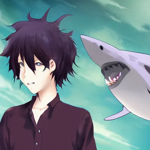 Prompt: A portrait of an anime catboy with dark hair and shark teeth