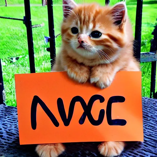 Image similar to cute fluffy orange tabby kitten with a sign that says