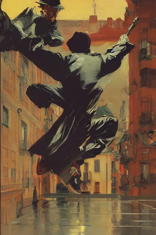 Image similar to a ninja jumping from the roof on a rainy night by joaquin sorolla, syd mead, boneface