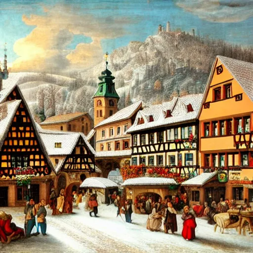 Prompt: A renaissance german town during winter. Afternoon. highly detailed