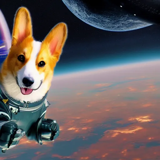 Image similar to a hyperrealistic digital render of a happy cyberpunk corgi in a soviet spacesuit, floating in space, symmetry, sharp focus