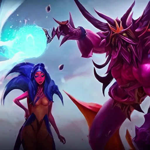 Image similar to league of legends cinematic, kai'sa and xayah are best friends, hyperrealistic