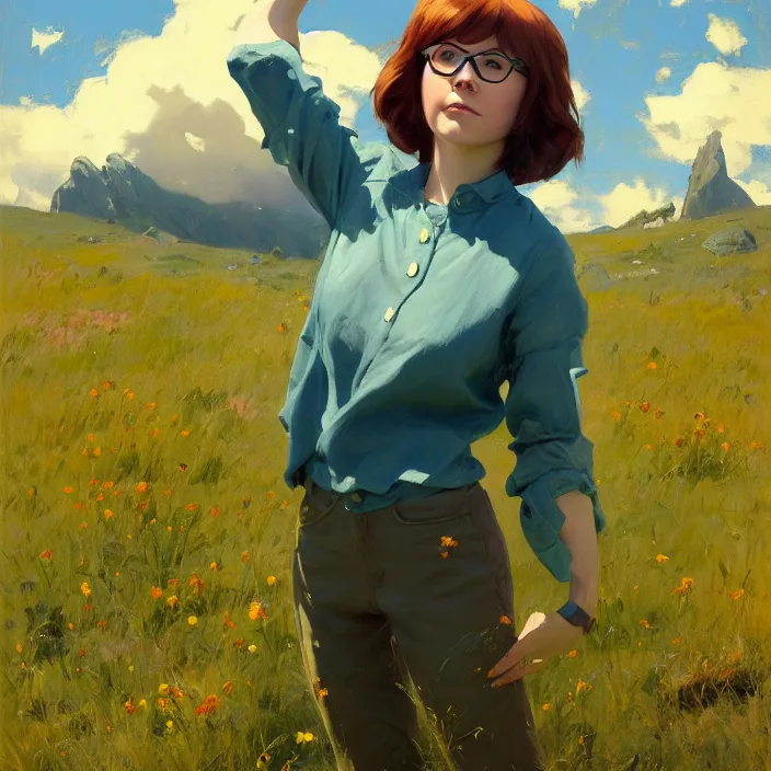 Prompt: Painting of Velma Dinkley, countryside, calm, fantasy character portrait, dynamic pose, above view, sunny day, thunder clouds in the sky, artwork by Jeremy Lipkin and Giuseppe Dangelico Pino and Michael Garmash and Rob Rey and Greg Manchess and Huang Guangjian and Makoto Shinkai, very coherent asymmetrical artwork, sharp edges, perfect face, simple form, 100mm