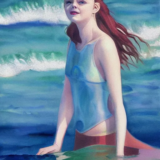 Image similar to painting of Elle Fanning in the ocean, white sandy beach, by cubo-futurism