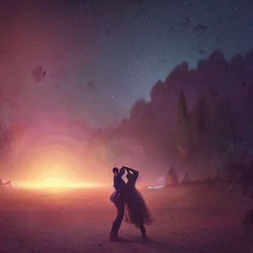 Prompt: two people dancing the night away, [ under the stars ]!!, while [ asteroids rain from the sky ]!!, trending on artstation, matte painting, illustrated by greg rutkowski, intricate, sharp, nighttime!!, 4 k photorealism!!, cgsociety contest winner, award winning