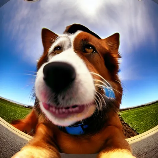 Image similar to Selfie of a dog, first-person view, fisheye!!!!!! lens, photorealistic imagery, trending on artstation, 4k, 8k