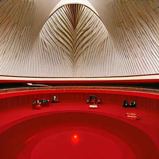 Image similar to interior of a futuristic lotus temple with gold, red and white marble panels, in the desert, by buckminster fuller and syd mead, intricate contemporary architecture, photo journalism, photography, cinematic, national geographic photoshoot