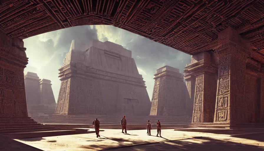 Image similar to the inside of a monument with aztec motifs, by tim blandin and arthur haas and bruce pennington and john schoenherr, big windows architecture by zaha hadid, octane render, cinematic, scenery, cgsociety, modernism, futuristic, trending on artstation, sci - fi, high detail, high quality, close up angle, people walking