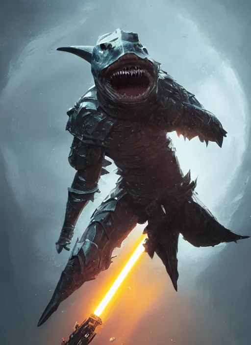 Prompt: portrait of a humanoid shark in knight armor holding a lightsaber, fantasy, d & d, heartstone, digital painting, volumetric light, intricate, sharp, focus, bloom, illustration, highly detailed, concept art, matte, ruan jia, randy vargas, greg rutkowski