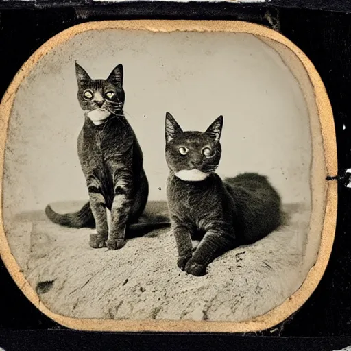 Image similar to daguerreotype of 3 cats in a trench coat