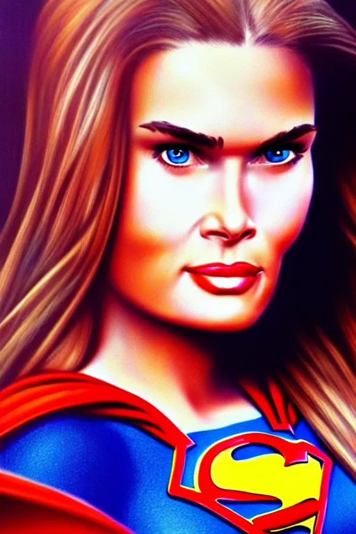 Image similar to portrait of a mix of beautiful young maria shriver, mariel hemmingway, brooke shields and elle macpherson as supergirl, thin lips, hair tied up in a pony tail, colorful artstation, cgsociety