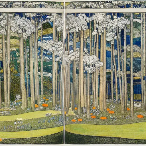 Image similar to elaborate, vivid by edward burne - jones, by charles gwathmey. a illustration of a beautiful landscape, delicate brushstrokes. peaceful & serene, with a gentle breeze blowing through the trees & flowers. colors are muted & gentle, calm & tranquility. well balanced & harmonious. color & composition, pleasing to the eye & calming to the soul.