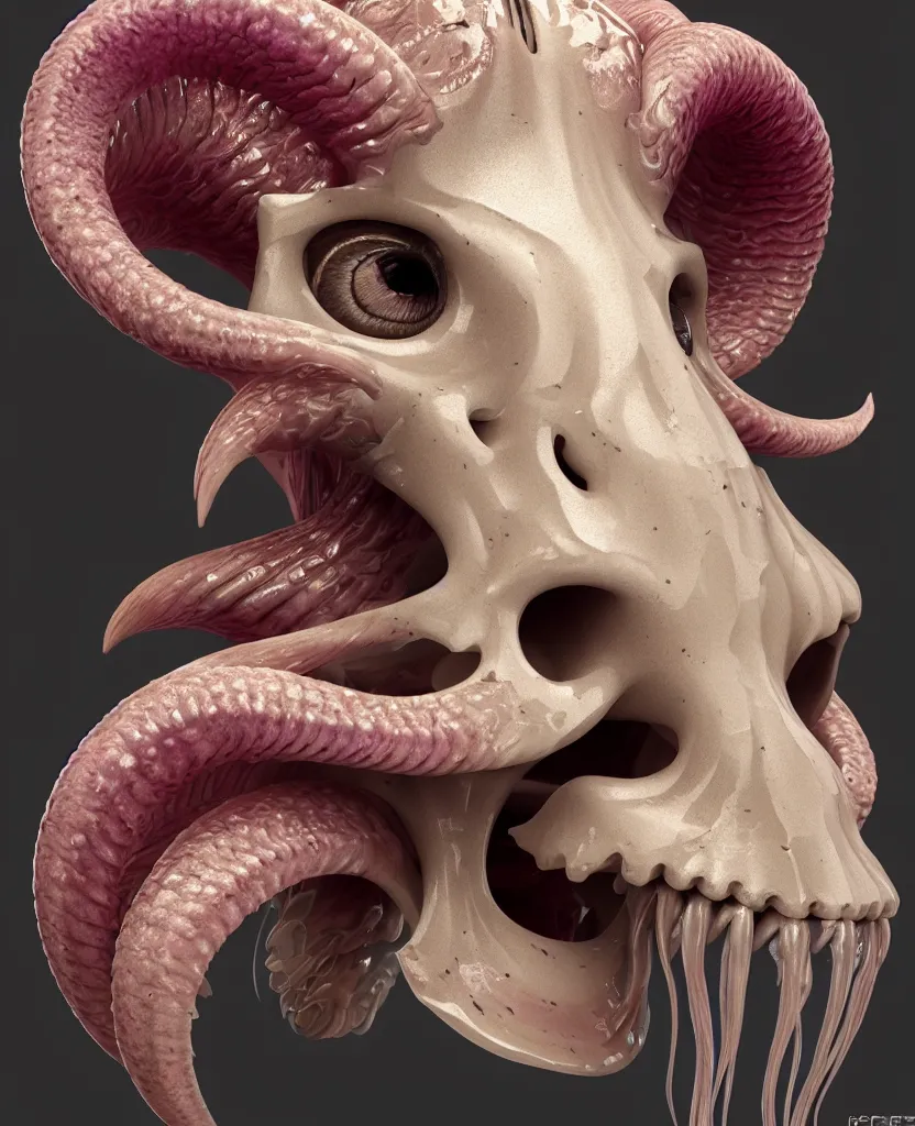 Image similar to goddess princess face close-up portrait ram skull. hard surface sculpting zbrush. jellyfish phoenix head, nautilus, orchid, skull, betta fish, bioluminiscent creatures, intricate artwork by Tooth Wu and wlop and beeple. octane render, trending on artstation, greg rutkowski very coherent symmetrical artwork. cinematic, hyper realism, high detail, octane render, 8k