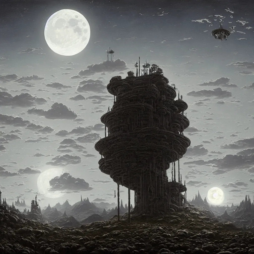 Image similar to a surreal and awe - inspiring science fiction landscape, moon in the sky looks like a skull, intricate, elegant, highly detailed matte painting by simon stalenhag and george bellows