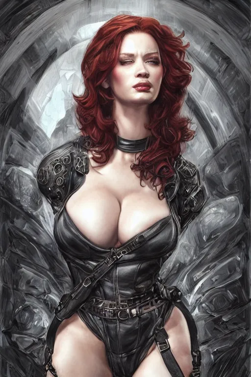 Prompt: muscled Christina Hendricks as a ruggedly handsome heroine , dressed in biker leather, intricate, elegant, highly detailed, centered, digital painting, artstation, concept art, smooth, sharp focus, illustration, art by artgerm and donato giancola and Joseph Christian Leyendecker, Ross Tran, WLOP