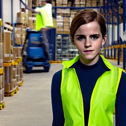 Prompt: photo, close up, emma watson in a hi vis vest, in warehouse, android cameraphone, 2 6 mm, low resolution,