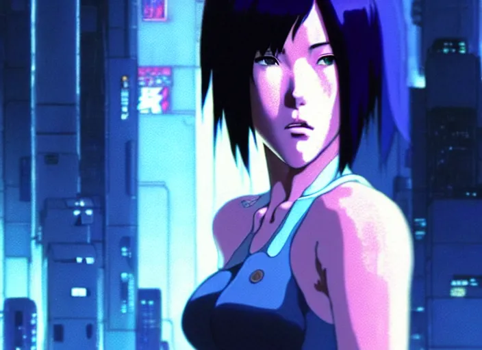 Image similar to a film still portrait of a motoko kusanagi ghost in the shell, finely detailed features, closeup at the faces, perfect art, at a cyberpunk city, gapmoe yandere grimdark, trending on pixiv fanbox, painted by greg rutkowski makoto shinkai takashi takeuchi studio ghibli, akihiko yoshida