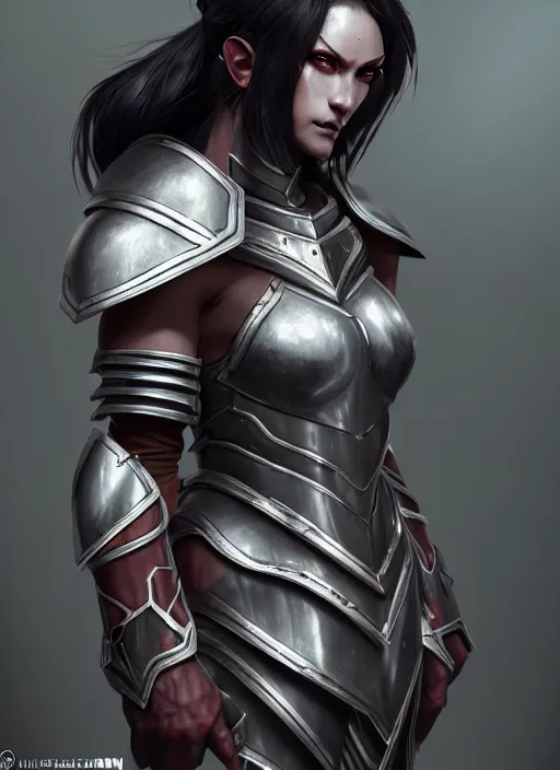 Image similar to full plate armor!!! beautiful and elegant dark hair female orc!! gorgeous ayes!! character concept art, sharp focus, octane render! unreal engine 5! highly rendered!! trending on artstation!! detailed linework!! illustration by artgerm, wlop, and chie yoshii