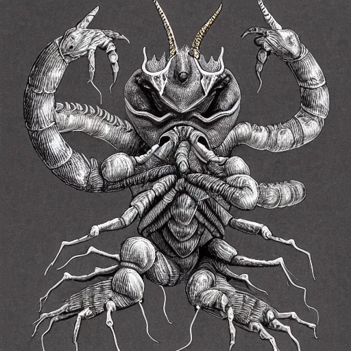 Image similar to He stands on two legs and has human arms ending in claws, with two pairs of wings, a scorpion's tail, a snake that emerges from between his legs in front, and a horned, bearded head with bulging eyes and snarling canine mouth swirls of black gouache, hopeless grey, and a daub of cold blue, intricate, highly detailed, digital painting, artstation, concept art, smooth, sharp focus, illustration, Unreal Engine 5, 8K, art by artgerm and greg rutkowski and alphonse mucha, fantasy epic digital art, epic fantasy card game art