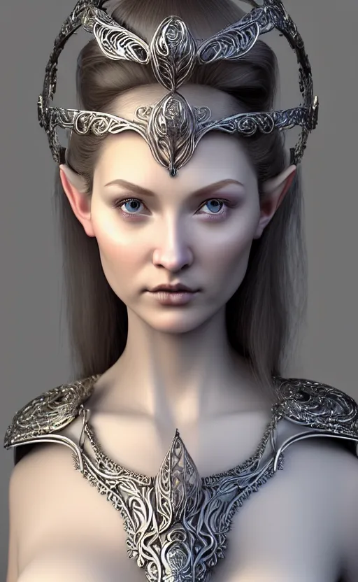 Prompt: complex 3 d render, ultra detailed, realistic headshot portrait of a beautiful porcelain skin woman, face, wispy, wavy hair worn tied back in a messy bun, wearing filigree silver elven circlet, filigree breastplate armor, detailed open eyes, round catchlights, flowers in hair, mauve lips, 5 0 mm lens, beautiful, studio portrait,