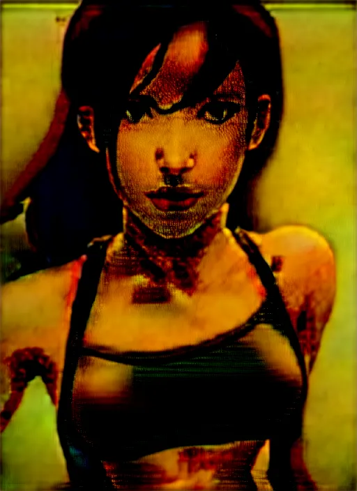 Image similar to bemused to be locked in a leather neck restraint, Tifa Lockhart in a black silk tank top in a full frame zoom up of her face and neck, looking upwards in a room of old ticking clocks, complex artistic color ink pen sketch illustration, subtle detailing, gentle shadowing, fully immersive reflections in her eyes, concept art by Artgerm and Range Murata in collaboration.
