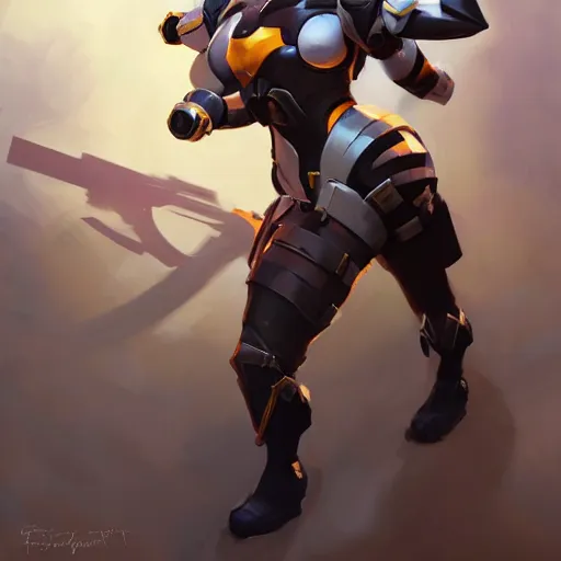 Image similar to greg manchess portrait painting of armored quinn as overwatch character, medium shot, asymmetrical, profile picture, organic painting, sunny day, matte painting, bold shapes, hard edges, street art, trending on artstation, by huang guangjian and gil elvgren and sachin teng