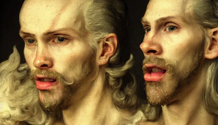 Image similar to A 17th century Baroque Painting of Jerma985, grainy, realistic, hyperrealistic, very realistic, very very realistic, highly detailed, very detailed, extremely detailed, detailed, digital art, trending on artstation, detailed face, very detailed face, very detailed face, realism, HD Quality, 8k resolution, intricate details, body and head in frame, painting, oil painting, trending on deviantart, Baroque Painting