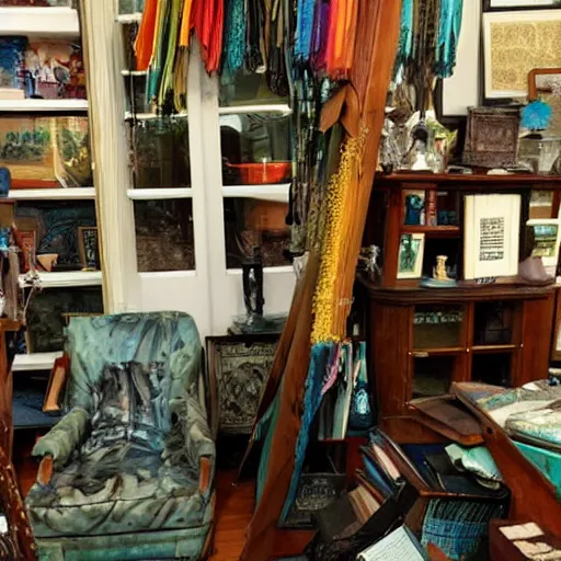 Prompt: Location : oceanic antique store in the rain Details to include : hammock deadly nightshade pile of magazines