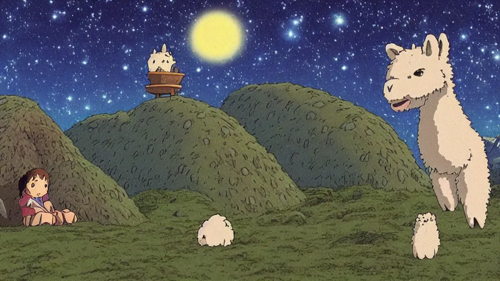 Image similar to a movie still from a studio ghibli film showing a lovecraftian alpaca from howl's moving castle ( 2 0 0 4 ). a pyramid is under construction in the background, in the rainforest on a misty and starry night. a ufo is in the sky. by studio ghibli