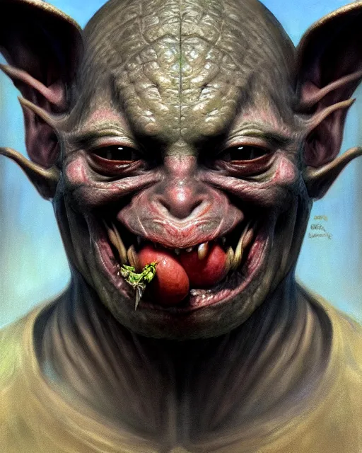 Image similar to closeup profile face portrait of a medieval goblin eating cakes in the cloisters, beautiful face, hyper realistic, highly detailed, digital painting, artstation, illustration, concept art by hyung tae, frank frazetta, bosch, giger, digital paint, matte paint, washed colors, dark, gloomy