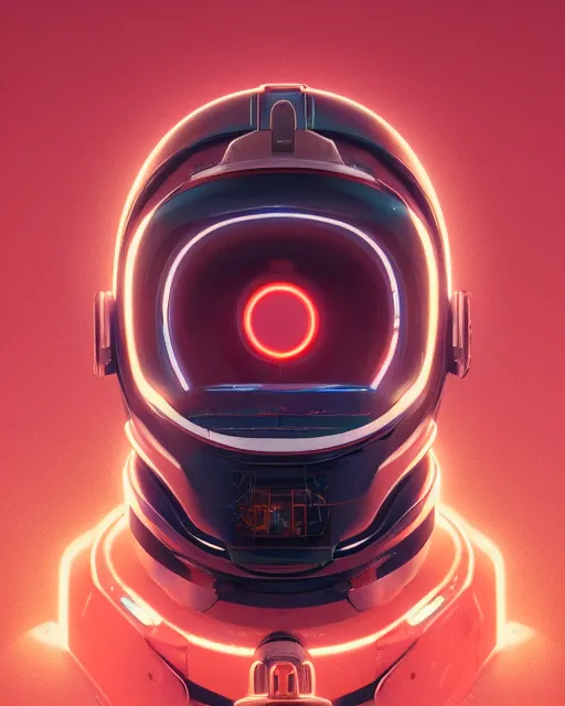 Image similar to portrait of sentient machine with oval helmet with a red chip on left side, by greg rutkowski, wlop, beeple, dan mumford, octane render, trending on artstation, symmetrical artwork. cinematic, key art, hyperrealism, high detail, 8 k