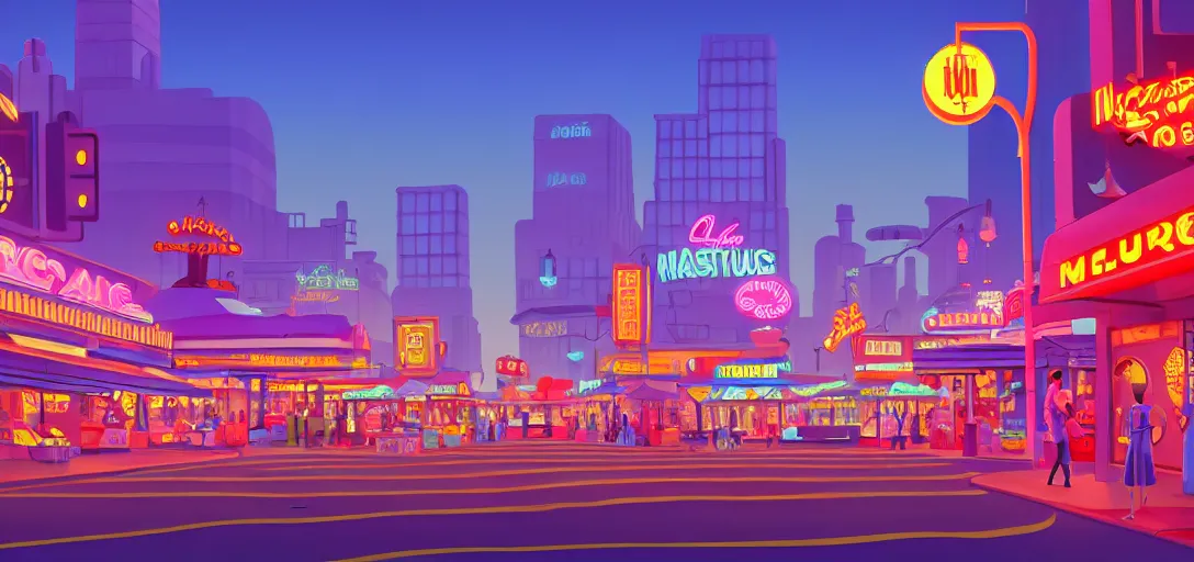 Prompt: futuristic main street los angeles cityscape with markets and shops and neon signs and terraces, visual development by lou romano, evening at dusk, pixar, disney, stylised, dynamic lighting, octane