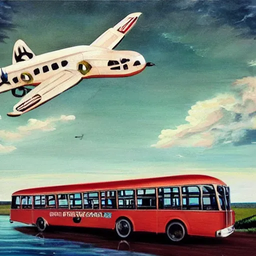 Prompt: a [ 5 0 s bus has airplane wings ] as it floats above a forest and lake, [ oil painting ]!!, trending on cgsociety, 4 k