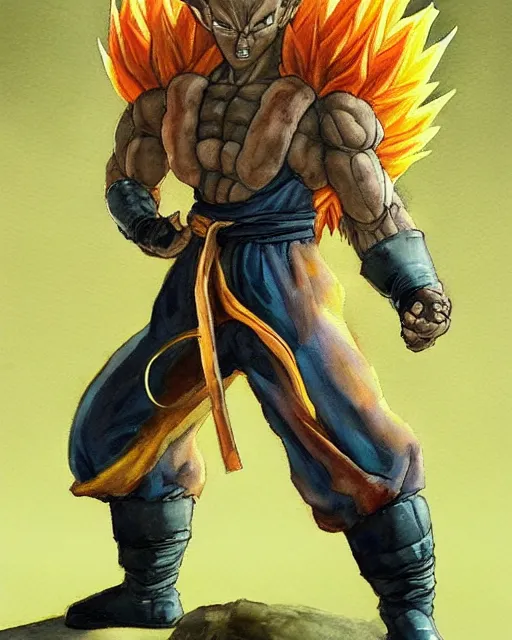 Image similar to a oil / watercolor painting full body character portrait of an old humanoid cat martial artist / mercenary going super saiyan in the style of moebius in the style of leonard boyarsky trending on artstation deviantart pinterest detailed photorealistic highlights and shadow hd 8 k post - processing high resolution