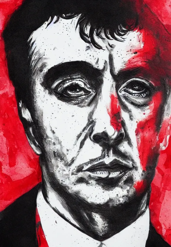 Image similar to close up. perfect symmetric face, coherent symmetric eyes. detailed face. portrait of tony montana from movie scarface. high detailed. red and black ink paint