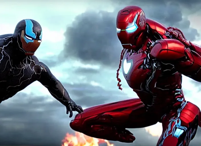 Image similar to venom fighting iron man, cinematic