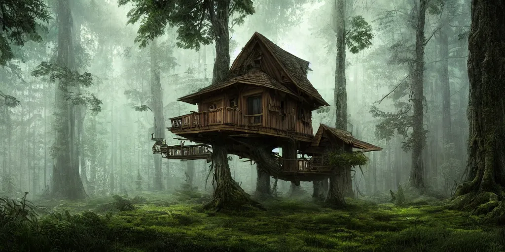 Prompt: photorealistic image of treehouses through a old growth forest, atmospheric lighting, dark, brooding, painted, intricate, ultra detailed, well composed, best on artstation, cgsociety, epic, fantasy, stunning, gorgeous, intricate detail, much wow, masterpiece, cinematic aesthetic octane render, 8 k hd resolution,