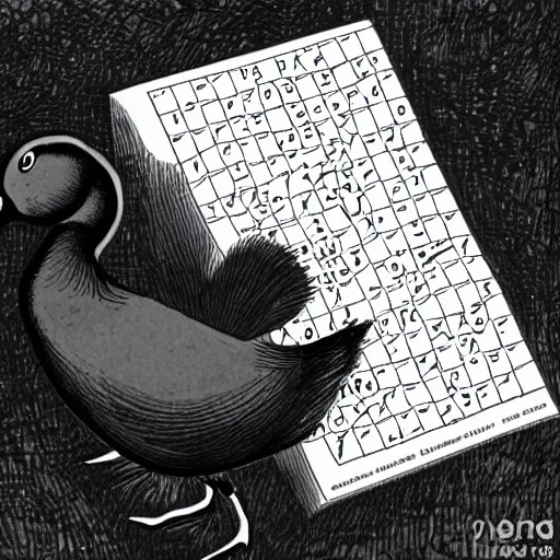 Image similar to a duck doing a crossword puzzle in the style of a new yorker cartoon