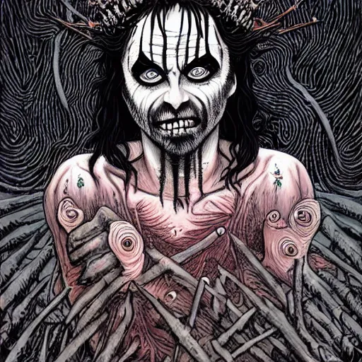 Image similar to full body detailed artwork of man wearing corpse paint and a crown on thorns with long black hair, tears of blood. Wide shot at night. Artwork by Junji Ito and dan Mumford