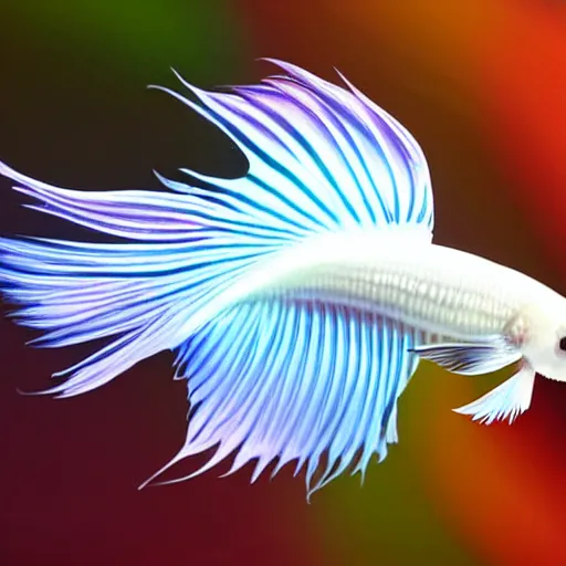 Prompt: a graceful iridescent white betta fish with long swirling fins, black-water-background, white smoke