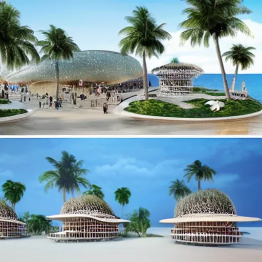 Image similar to architectural renderings, a seaside visitor center consisting of three mushroom - shaped buildings on the blue sea with tall coconut trees ， detailed