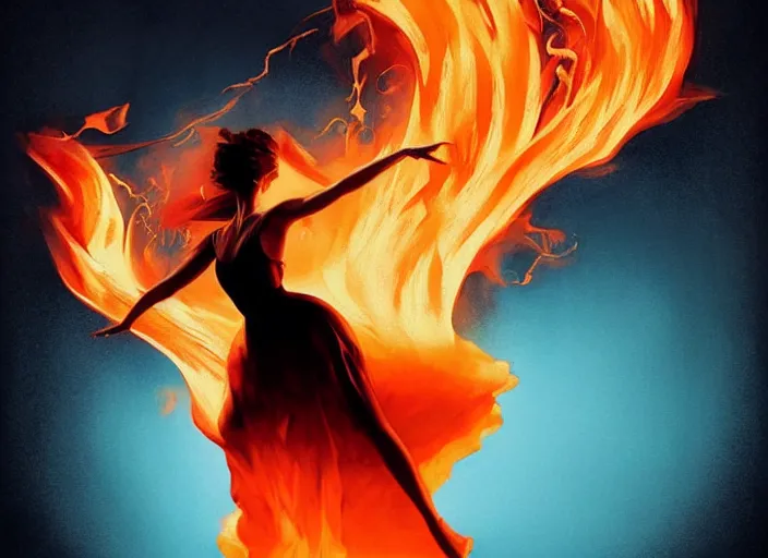 Prompt: a dancer in silhouette wearing a flowing gown made of fire, engulfed in a whirling fire tornado firestorm, emitting smoke and sparks, fantasy, cinematic, fine details by realistic shaded lighting poster by ilya kuvshinov katsuhiro otomo, magali villeneuve, artgerm, jeremy lipkin and michael garmash and rob rey