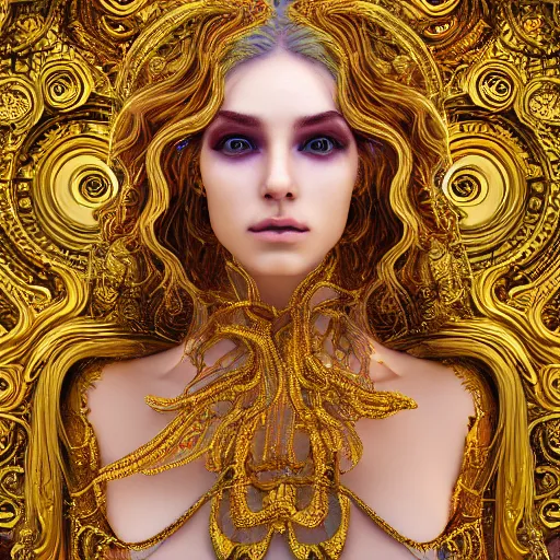 Image similar to psychadelic goddess made of golden marble, beautiful face, hyper detailed, flowing psychadelic background intricate and detailed, ornate 8 k gorgeous intricate detailed, octane render