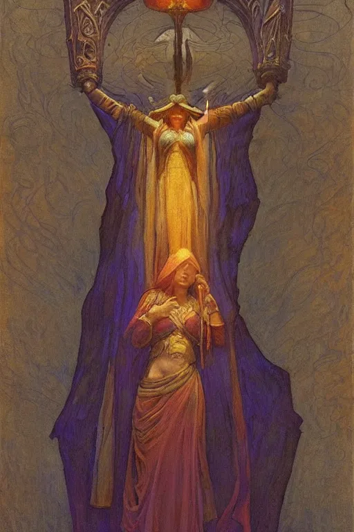 Image similar to queen of the fog with her lantern by Annie Swynnerton and Nicholas Roerich and jean delville, strong dramatic cinematic lighting , ornate headdress , flowing robes, lost civilizations, smooth, sharp focus, extremely detailed