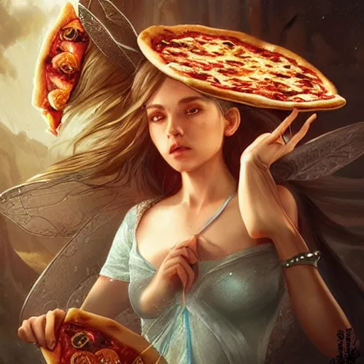 Prompt: a pizza with a fairy head topping, fantasy art, illustration, amazing detail, in the style of greg rutkowski, artgerm, cgsociety